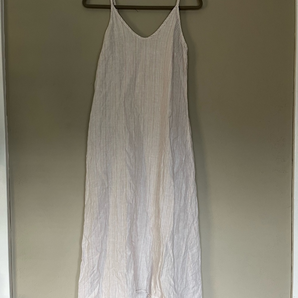 ANTIBES BLANC linen spaghetti strap striped dress w/gold in material